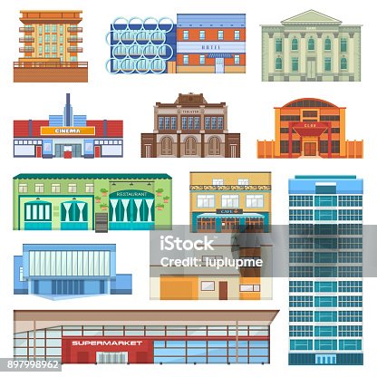 istock Building facade of cityscape with skyscrapers vector newbuild mall and business officebuilding or apartments architectural city bank, cinema, club, restaurant and cafe, theater, hotel illustration 897998962