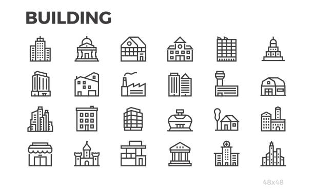 Building icons. City, house, home, architecture, office, real estate  and others symbols. Editable line. Pixel perfect. Building icons. City, house, home, architecture, office, real estate  and others symbols. Editable line. Pixel perfect. factory silhouettes stock illustrations