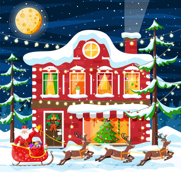 Building in Holiday Ornament. Christmas Landscape House Covered Snow. Building in Holiday Ornament. Christmas Landscape, Tree, Santa Sleigh Reindeers. New Year Decoration. Merry Christmas Holiday Xmas Celebration. Vector illustration christmas lights house stock illustrations