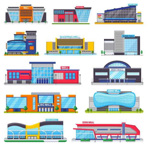 ilustrações de stock, clip art, desenhos animados e ícones de building mall vector storefront of newbuild mall and store facade illustration set of business officebuilding of cityscape and architectural city shop isolated on white background - shopping