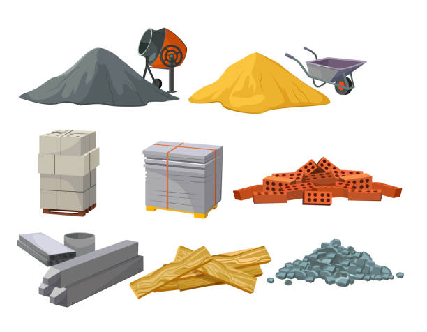 Building material heaps set Building material heaps set. Bricks, sand, wooden planks, concrete mixer. Construction concept. Vector illustrations can be used for construction sites, works, industry concrete stock illustrations