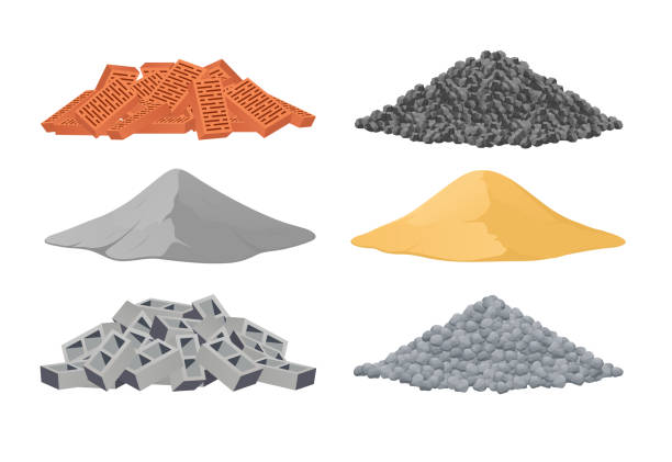 Building materials, a pile of bricks, cement, sand, cinder blocks, stones on white background. Vector illustration Building materials, a pile of bricks, cement, sand, cinder blocks, stones on white background. Vector illustration sand stock illustrations