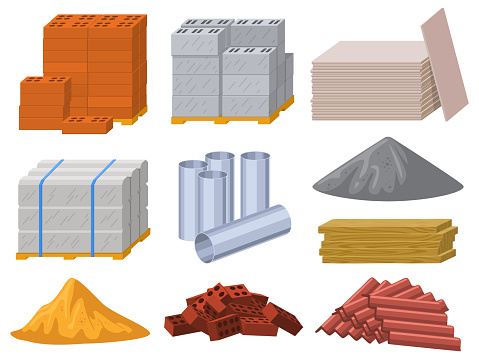 Building materials. Construction industry bricks, cement, wooden planks and metal pipes vector illustration set. Building insulation or roofing materials