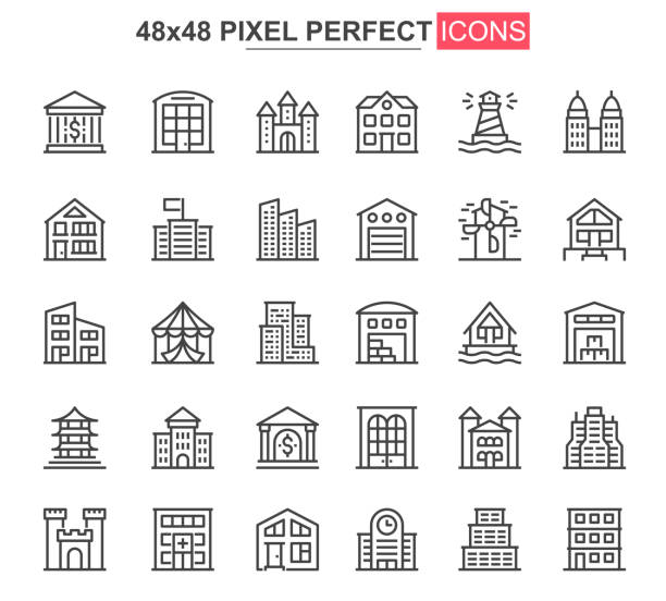 i̇nce çizgi simgeleri ayarlayın. gayrimenkul, mühendislik ve inşaat benzersiz tasarım simgeleri. satın alma, ipotek ve kira hizmetleri anahat vektör paketi. 48x48 piksel mükemmel - building stock illustrations