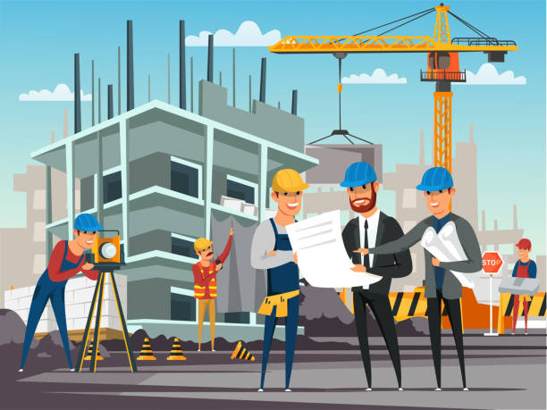 Building under construction flat illustration Building under construction flat illustration. Foreman and architects discussing architectural project, builders on construction site cartoon characters. Engineers showing blueprint concrete drawings stock illustrations