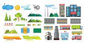 Buildings and city transport flat style illustration. Flat design city downtown background. Roads and city buildings, sky and mountains. Architecture small town market, hospital, church, shop, bus, fire truck, helicopter