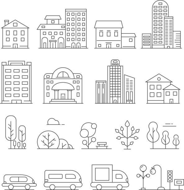 Buildings and urban objects. Vector linear pictures of cars, house and urban trees Buildings and urban objects. Vector linear pictures of cars, house and urban trees. Illustration of urban house architecture, construction and transport architecture clipart stock illustrations