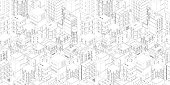 Buildings city seamless pattern. Isometric top view. Vector town city street outline. Gray lines contour style rectangular background. Highly detailed. Vector illustration stock clipart.