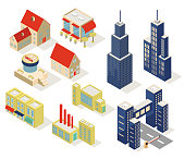 Skyscrapers and residential buildings Isometric vector illustration.