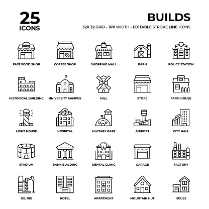 Buildings Vector Style Thin Line Icons on a 32 pixel grid with 1 pixel stroke width. Unique Style Pixel Perfect Icons can be used for infographics, mobile and web and so on.