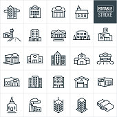 A set of buildings icons that include editable strokes or outlines using the EPS vector file. The icons include a high rise business building, skyscraper, hospital building, general store, church building, airport, hotel, bank, business building, health clinic, restaurant, retail store, school building, gas station, credit union, city building, corporate building, warehouse, factory and additional buildings.