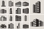 Buildings vector web icons set. Black and white silhouette icons