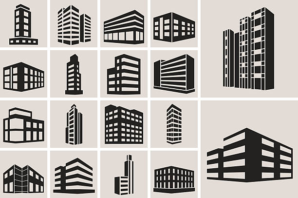 Buildings vector web icons set Buildings vector web icons set. Black and white silhouette icons business silhouettes stock illustrations