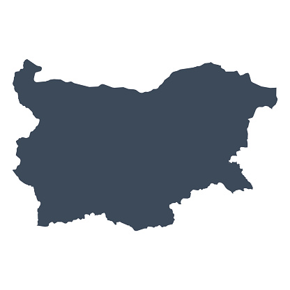 A graphic illustrated vector image showing the outline of the country bulgaria. The outline of the country is filled with a dark navy blue colour and is on a plain white background. The border of the country is a detailed path. 