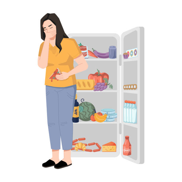 過食症、食べ過ぎて、冷蔵庫の近くで病気の孤立した女性を感じる女性。ベクター摂食障害、パージ、下級拒食症女性は病気や胃の痛みに苦しんでいます - 冷蔵庫　中点のイラスト素材／クリップアート素材／マンガ素材／アイコン素材