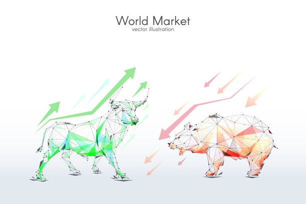 bull and bear stock Exchange low poly Stock Exchange low-poly wireframe vector illustration. Digital graphics. Technology art image of World or Stock Market. Bull and Bear with arrows. Finance and business concept. bull animal stock illustrations
