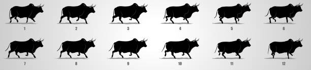 Bull Run cycle animation Sequence Bull Running animation frames and sprite sheet asn silhouette running borders stock illustrations
