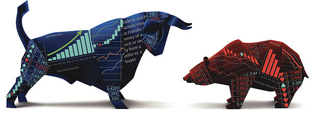 Bull vs Bear Origami Bull and bear shapes look like made of origami paper with symbols of stock market trends on them. Vector illustration. stock market and exchange stock illustrations