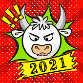 White bull symbol of 2021. Bright red New Year banner in pop art style. 2021 calendar heading. Vector illustration for the design of New Year cards and posters.