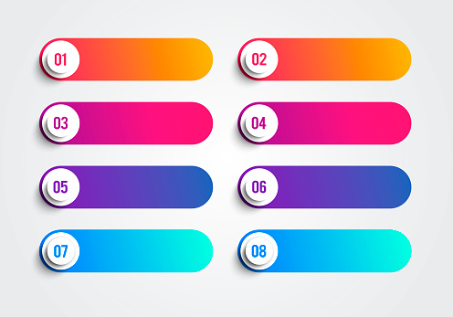 Bullet Points With Numbers 1 to 8 In Colorful Text Boxes. Vector Web Element
