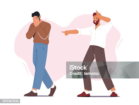 istock Bullying, Abuse Concept. Hater Laughing on Man Showing Loser Gesture. Male Character Crying Covering Face with Hands 1313167034