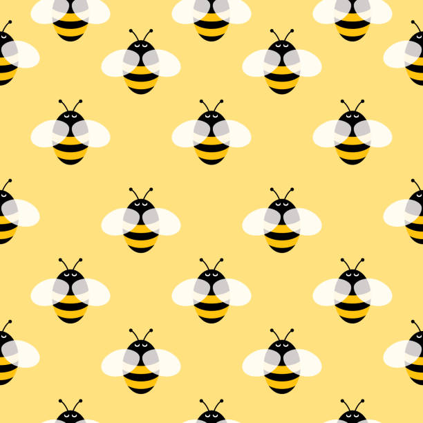 Bumblebee Seamless Pattern Vector seamless pattern of cute flying bumblebees on a square yellow background. bee illustrations stock illustrations
