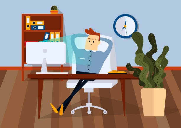 ilustrações de stock, clip art, desenhos animados e ícones de bummer sitting on office chair at a computer desk. color vector illustration - business man shoes on desk
