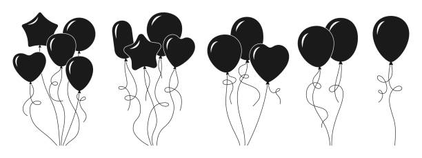 Bunch Balloon black glyph set party icon vector Bunch Balloon cartoon black glyph set. Silhouette helium air balloons bunches and groups party collection. Birthday or valentines day. Holiday anniversary surprise round circle, heart shape Vector balloon silhouettes stock illustrations