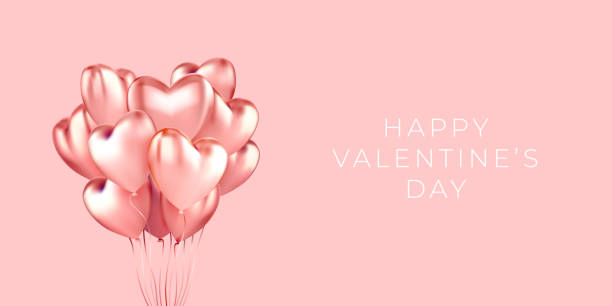 A bunch of heart shaped helium balloons realistic on a horizontal banner A bunch of heart shaped helium balloons realistic on a horizontal banner with space for text isolated on a pink background, vector 3d. Postcard, greeting, poster, happy valentines day, love symbol balloon clipart stock illustrations