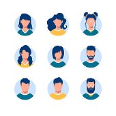 Bundle of round people avatars. Collection of portraits of men and women with different hairstyles in circular frames isolated on white background. Modern vector illustration in flat cartoon style.