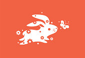 vector illustration of bunny running with flower and butterfly symbol