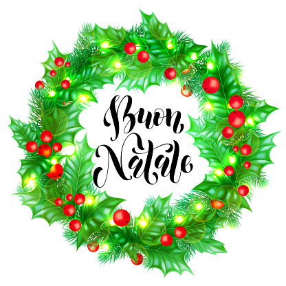 Buon Natale Pictures.Buon Natale Italian Merry Christmas Holiday Hand Drawn Calligraphy Text For Greeting Card Of Wreath Decoration