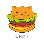 Vector illustration. GooBurger cat in cartoon style. Isolated objects on white background. Vector illustration. Good for posters, t shirts, postcards. Design concept for cat cafe menu.d for posters, t shirts, postcards.
