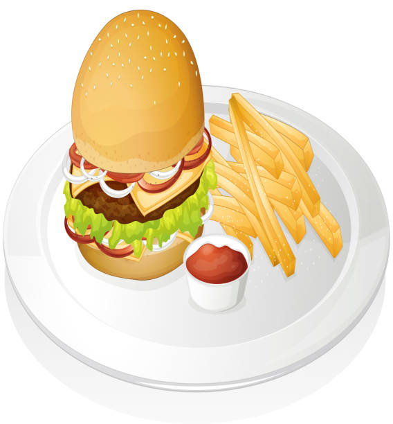 stockillustraties, clipart, cartoons en iconen met burger, french fries and sauce - plate hamburger