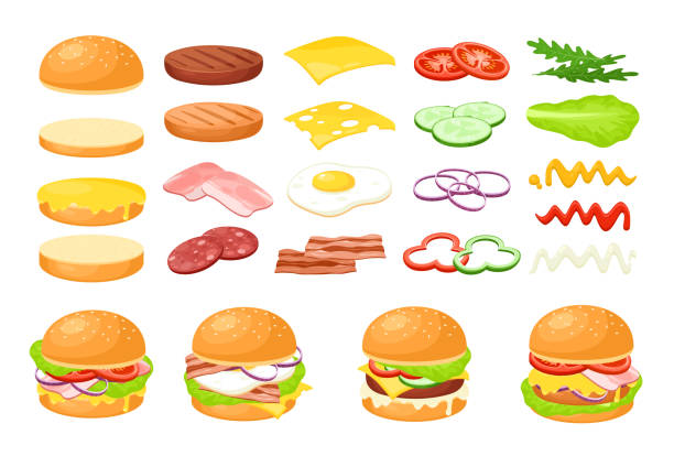illustrations, cliparts, dessins animés et icônes de ensemble frais d’ingrédient d’aliment de hamburger, collection de fabricant de hamburger de café de fastfood de dessin animé - faire part