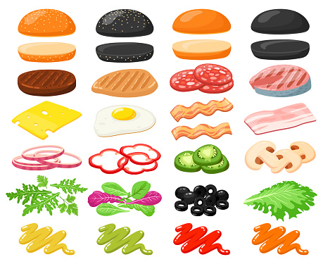 Burger ingredients. Hamburger fast food constructor, buns, veggies, cheese slices and meat, sandwich burger ingredients vector illustration set