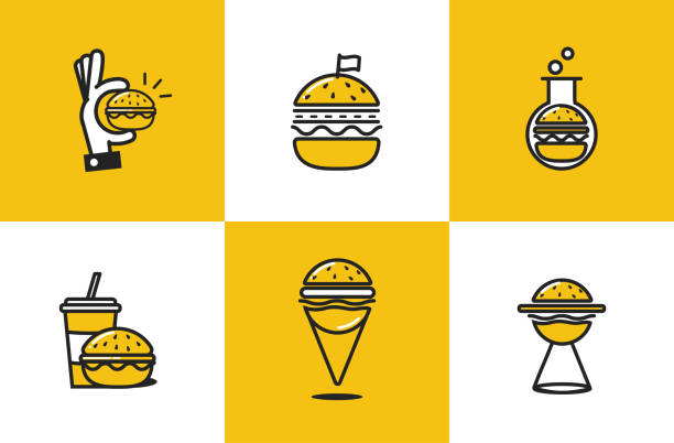 ilustrações, clipart, desenhos animados e ícones de conjunto de ícones do hambúrguer linha art. conceito de logotipo de entrega de fast-food - hamburguer