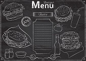 Vector template with burger elements for menu stylized as chalk drawing on chalkboard. Design for a restaurant, cafe or bar. Fast food menu