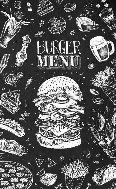 Burger menu design template for restaurants and cafes. White chalk icons on black. Hand drawn hamburger sketch, coffee, french fries, tacos, burritos, beer and pizza. Vector vintage retro illustration Burger menu cover for restaurant. Vintage design sandwich backgrounds stock illustrations