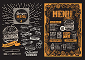 Burger menu template for restaurant on a blackboard background vector illustration brochure for food and drink cafe. Design layout with lettering and doodle hand-drawn graphic icons.