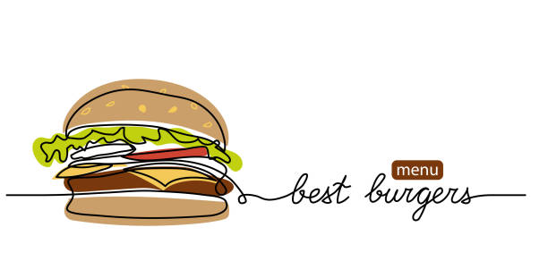 Burger menu simple color vector background. One continuous line drawing with text Burger menu Burger menu simple color vector background. One continuous line drawing with text Burger menu. sandwich designs stock illustrations