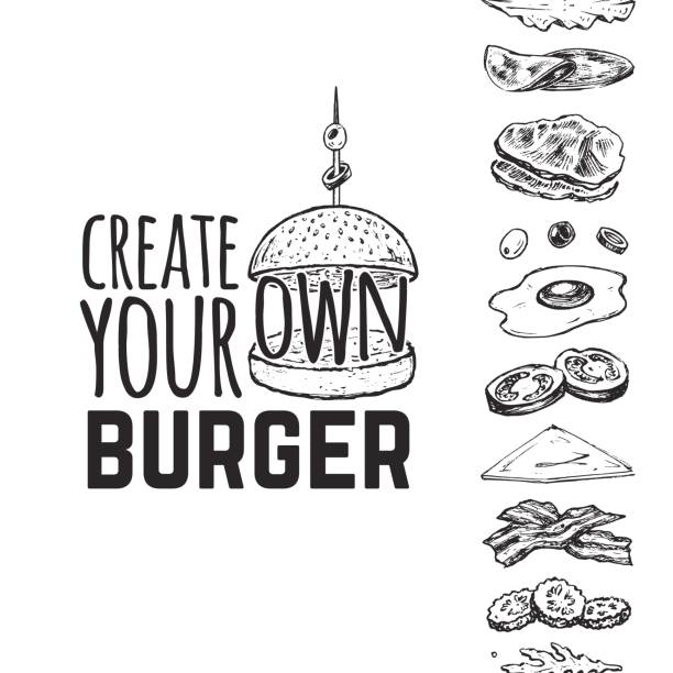 ilustrações de stock, clip art, desenhos animados e ícones de burger menu. vintage template with hand drawn sketches of a hamburger and its ingredients. engraving style icons - bun, cucumbers, eggs, salad, tomatoes and cheese. - bacon