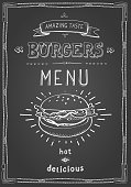 Burger poster menu sketch drawing on the chalkboard.Vector illustration.