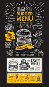 Burger restaurant menu. Food flyer for bar and cafe. Design template with vintage hand-drawn illustrations on black background.