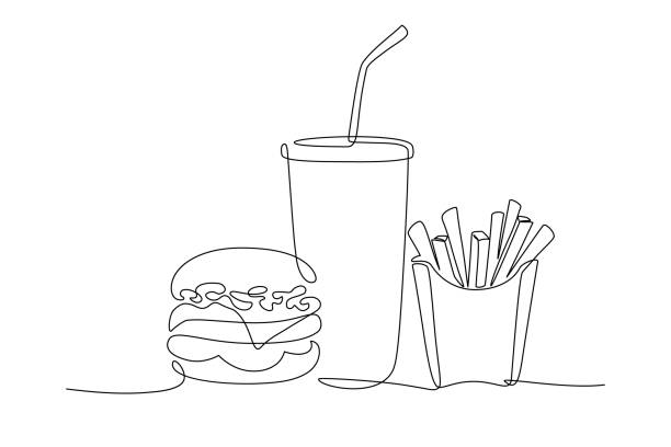 stockillustraties, clipart, cartoons en iconen met burger, frisdrank en frietjes takeout voedsel - patat