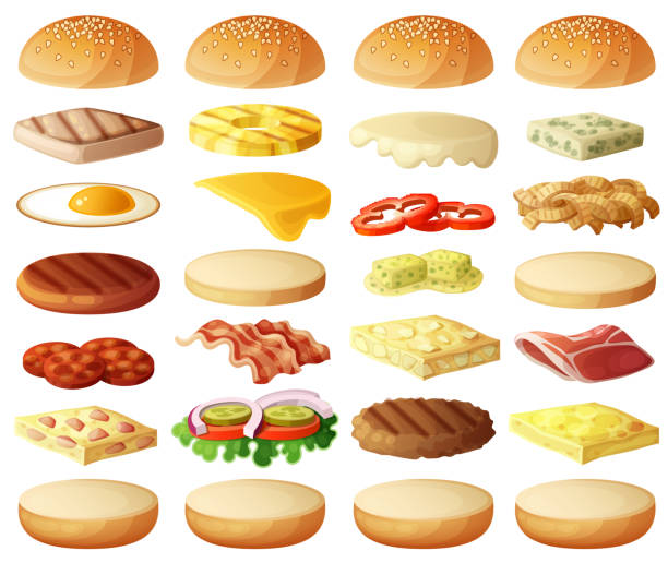 Burgers set. Ingredients buns, cheese, bacon, tomato, onion, lettuce, cucumber Burgers set. Ingredients buns, cheese bacon, tomato onion, lettuce cucumbers, pickle onions beefs, ham Vector icons isolated on white background sandwich stock illustrations
