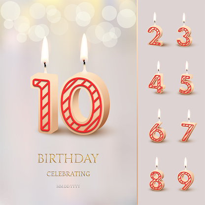 Burning Birthday candle in the form of number 10 figure and Happy Birthday celebrating text with numbers set isolated on blurred background. Vector Birthday invitation template.