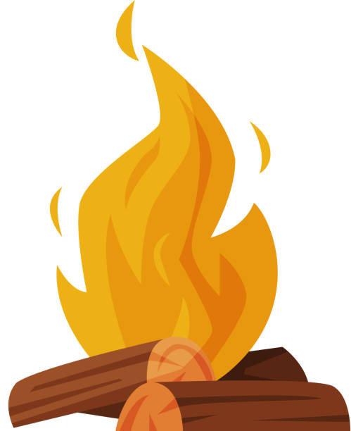 木、キャンプファイヤー、屋外自然ピクニック漫画のベクトルイラストで焚き火を燃やす - 焚き火点のイラスト素材／クリップアート素材／マンガ素材／アイコン素材