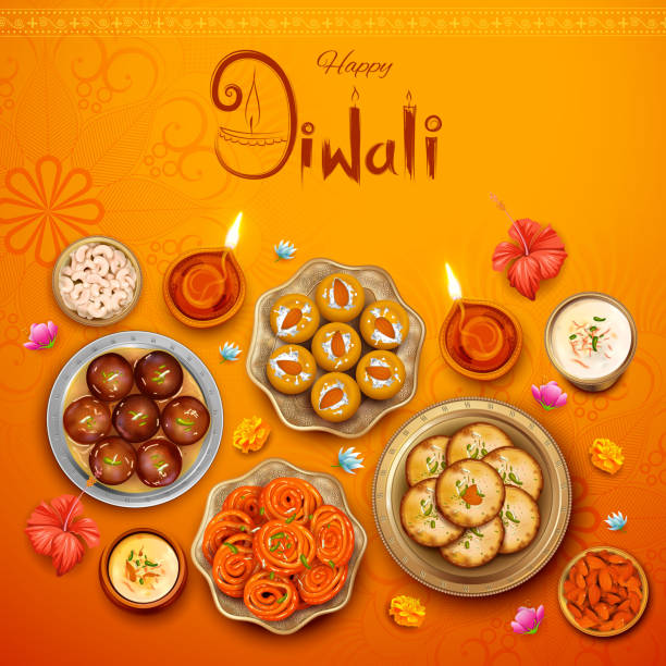 Burning diya with assorted sweet and snack on Happy Diwali Holiday background for light festival of India illustration of burning diya with assorted sweet and snack on Happy Diwali Holiday background for light festival of India sweet food stock illustrations