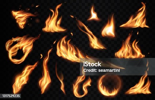 istock Burning fire flames with flashes, realistic vector 1317529235